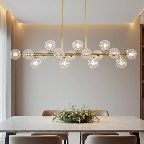 PiWWPi 55" Long Brass Gold Chandeliers for Dining Room Kitchen Island, Large Globe Sputnik Linear Chandelier, 16 Lights Mid Century Modern Light Fixture Over Table, Clear Bubble, GC-08 by PiWWPi - Used condition - US$323.99