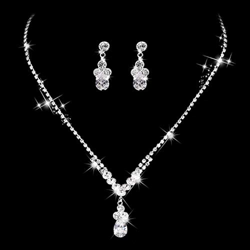 Unicra Bride Silver Necklace Earrings Set Crystal Bridal Wedding Jewelry Sets Rhinestone Choker Necklace for Women and Girls(3 Piece Set - 2 Earrings and 1 Necklace) (Silver 2)