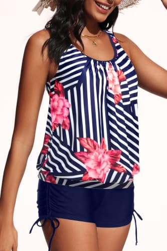 Image of Yonique Blouson Tankini Swimsuits for Women 2 Piece Bathing Suits Tops with Boyshorts Modest Loose Fit Swimwear