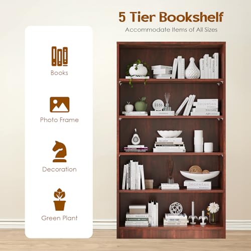 Soohow Bookshelf With Adjustable Shelves, 5 Shelf Bookcase for Living Room, Bedroom - Large Tall Wood Book Case, 60 in Tall, 33 in Wide, 11.6 in Deep, Cherry - Thumbnail 5