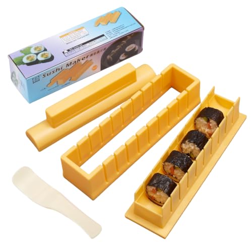 Huhaokejis 4PCS Sushi Maker, Set de Hacedor de Sushi, Forma de Onigiri como Accesorio para Hacer Sushi en Casa, Set de Moldes (Marco, Base & Tapa) con Cuchara de Arroz (Amarillo)