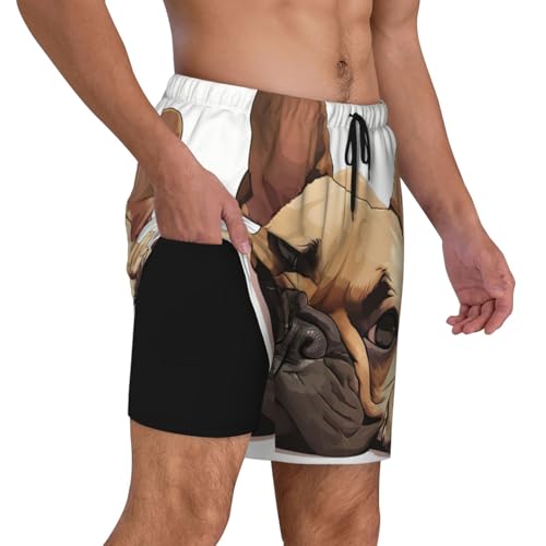 Animal Dog French Bulldog Mens Double Polyester Swimsuit Trunks Swim Shorts with Compression Liner and Patch Pocket.3