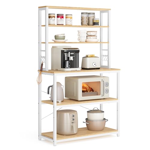 Image of VASAGLE Coffee Bar, 31.5 Inches Baker's Rack for Kitchen with Storage, 6-Tier Kitchen Shelves with 6 Hooks, Microwave Stand, Modern, Golden Oak and Cloud White UKKS019W09