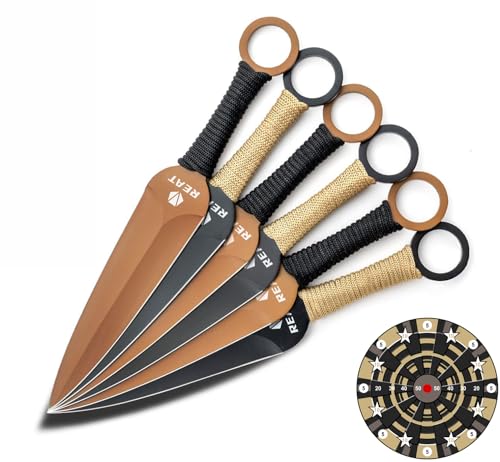 REAT Throwing Knives Set - 6 Piece, 9' 440 Stainless Steel with 3 Tan 3 Black Kunai and a Paper Target, Includes Nylon Carrying Case for Safe Storage, Throwing Knife for Competition, Training, Recreation