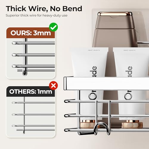 Orimade Shower Caddy with 5 Hooks Organizer for Hanging Razor and Sponge Bathroom Basket Adhesive Shower Shelf Storage Kitchen Rack Wall Mounted No Drilling Rustproof Stainless Steel - 2 Pack
