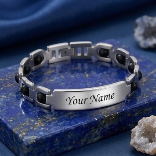 Image of Personalized Name Karungali Bracelet for Men & Women | Engraved Stainless Steel Adjustable Bracelet | Customized Gift for Husband, Wife, Boyfriend, Girlfriend, Friends & Family | Custom Name Jewelry Gift in Silver with Gift Box