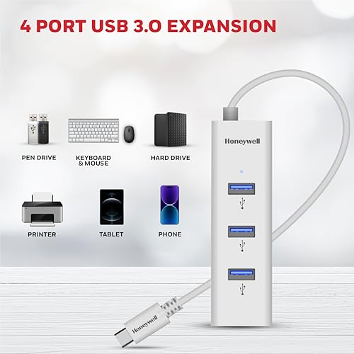 Image of Honeywell Momentum Type C to 4xUSB 3.0 Hub, Super-Fast Transmission Speed 5GBPS, Max Current 900mA per Port, Universally Compatible with All Type C- MacBook, Laptop, PC, Printer, Mobiles, Keyboard