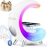 SONTHIN Desk Lamp with Wireless Charger, Table Lamp with Bluetooth Speaker Alarm Clock, Color-Changing Ambient Light for Living Room, Bedroom, and Gifts