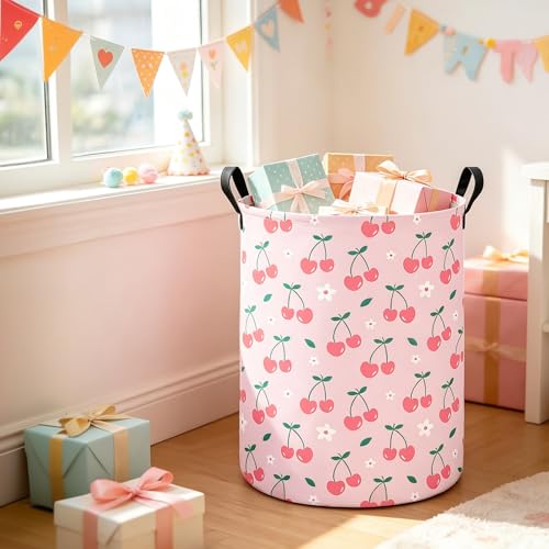 Image of Cherry Fabric Storage Bin Nursery Organizer Basket | Organizer Bin Dirty Clothes Collapsible Waterproof for College Dorms, Boys and Girls Bedroom,Bathroom