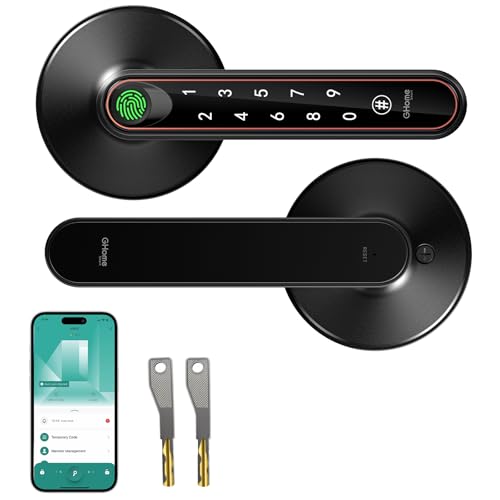 Ghome Smart Fingerprint Door Knob with Lock 5-in-1 Keyless Entry Door Lock with Handle App Control Passcode & Key Fingerprint Door Lock for Bedroom Biometric Smart Lock for Apartment & Home