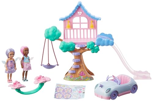 Image of Barbie Treehouse Playset with 2 Chelsea Small Dolls, Toy Car, Swing, Slide, Seesaw, Fairy Wing Accessories & Sticker Sheet