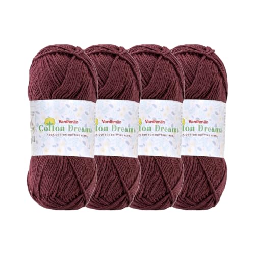 Image of Vardhman 100% Cotton Dreamz Light Weight Natural Thin Yarn | Pack-4 100g | Knitting & Crochet Projects | Soft Natural Yarn | Ideal for Garments, Summer Wear & Accessories | Burgundy, CJH018 P4