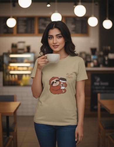 Image of Cute Coffee Sloth Unisex T-Shirt | Regular Fit Round Neck Casual Cotton Tee for Men & Women Sand Beige