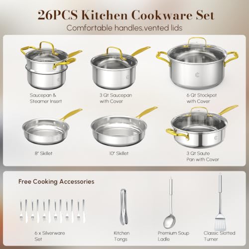 Image of Stainless Steel Cookware Set, Tri-Ply Pots and Pans Set, 20 Piece Kitchen Cooking Utensils Set with Lids, Gold Grip Handles, Induction, Oven, Non-Toxic, Dishwasher Safe, Professional Chef Quality