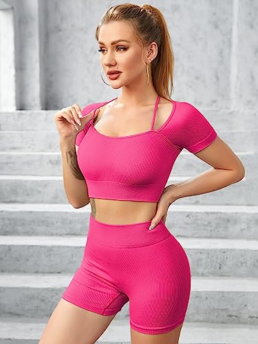 ATTRACO-Workout-Sets-for-Women-2-Piece-Outfits-Seamless-Ribbed-Short-Sleeve-Crop-Top-High-Waist-Shorts