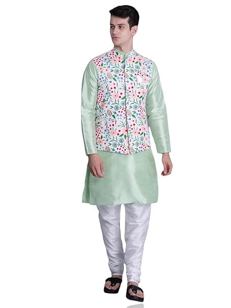 Image of Uri and MacKenzie Men's Silk Blend Kurta Pyjama with Stylish Embroidered Ethnic Jacket