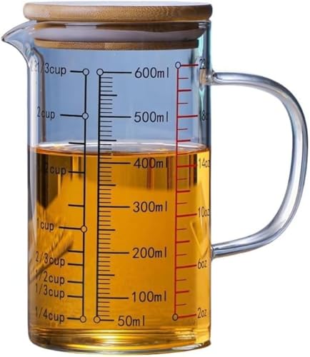 計量メジャー耐熱目盛り食洗機対応 ショットグラス 容器 フタキッチン 日常用品 冷凍庫安全な握 耐冷耐高温 電子レンジ対応 お酒グラス ミルク 水 コーヒー入れカ 、製の目盛り、蓋の、牛乳用の、コーヒー、朝食用の、製の冷水ポット (木製カバ,600ML)