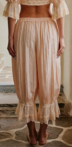 Image of NUFIWI Women Ruffle Long Bloomer Y2k Lace Trim Pettipants Pantaloons Mid Rise Cropped Pajama Pants Under Dress Slips