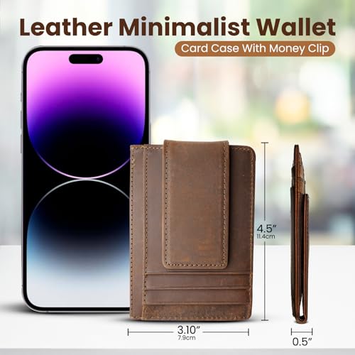 Personalized Leather Magnetic Money Clip Wallet, Credit Card Wallet, Laser Engraved, Minimalist Mens Wallet, Strong Magnetic Clip with RFID Blocking, Money Holder with ID Window (Dark Brown)2