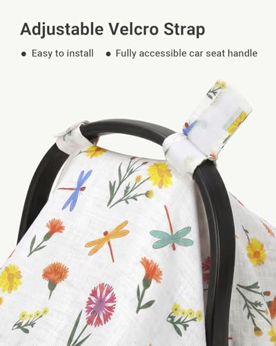 Image of Rquite Infant Car Seat Cover for Babies Girls, 100% Muslin Cotton Carseat Canopy, Breathable Stroller Sun Shade, Baby Shower Gift & Newborn Essentials, Universal Fit Summer & Hot Weather (Floral)