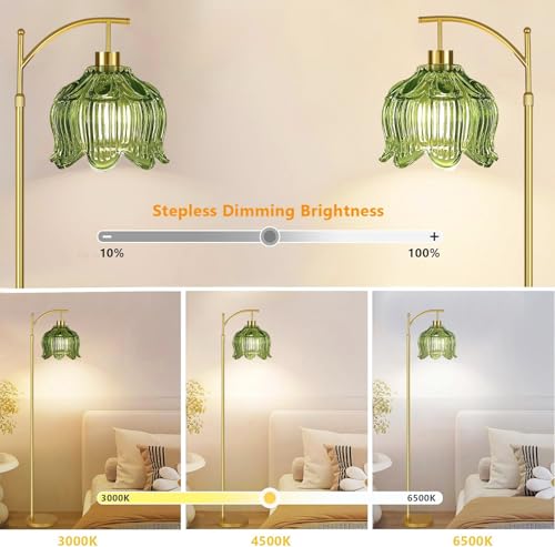 Image of QIYIZM Glass Floor Lamp for Living Room,Bedroom,Gold Dimmable Standing Lamp with Remote,Mid Century Modern Brass Tall Lamp Boho Vintage Floor Lamps Arc Green Tulip Flower Floor Light Lamp Bohemian