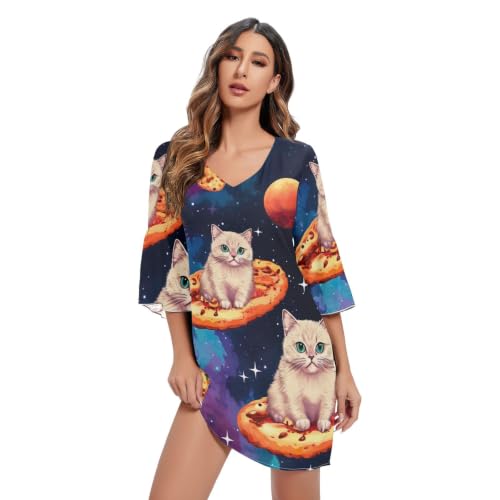 Vestido de verano con estampado de gato pizza para evitar el calor con estilo casual