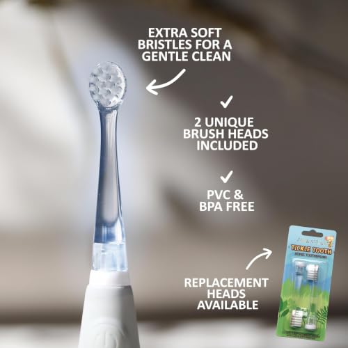 Image of Jack N' Jill Tickle Tooth Sonic Toothbrush, 1 Pack + Replacement Heads | Kids Electric Toothbrush, Gentle Teeth Cleaning, for Babies & Toddlers Ages 0-3, LED Inspection Light, Extra Soft Bristles
