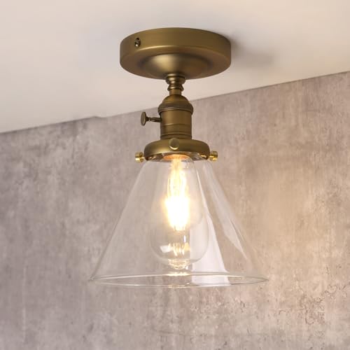 Phansthy Industrial Ceiling Light Fixtures with Switch, Funnel Clear Glass Hallway Lighting Close to Ceiling E27 Base, Flush Mount Hanging Lamp Suitable for Kitchen Loft Cafe Bar (Antique)