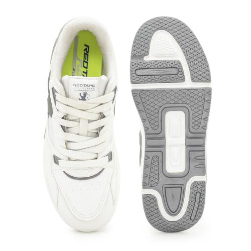 Image of Red Tape Men's Sneakers White Grey Pu Mesh Round Toe Lace-Up, 6 UK