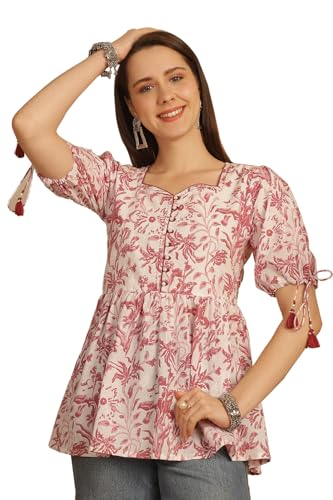 Image of Rajnandini Women's Pure Cotton Jaipuri Printed Short Top (JOPLJPR761-P White & Dusty Pink P)