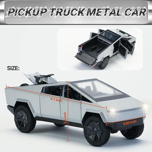 Image of 1 /24 Tesla Cybertruck Diecast Metal Toy Truck with Lights and Sounds, Mini Vehicle for Boys Ages 3 and Up, Realistic Design, Fun Educational Play, for Kids and Collectors (Silver)
