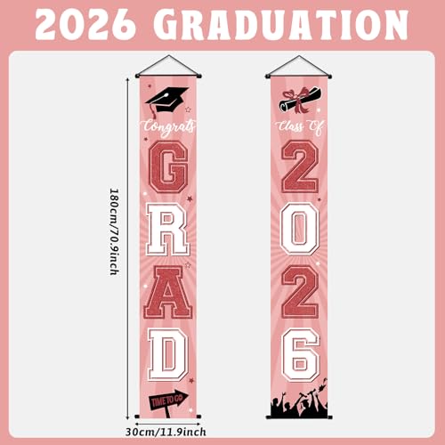 Image of Graduation Banner 2026 Pink Graduation Decorations Grad Banner Porch Sign Class of 2026 Door Decor Congrats Hanging Backdrop Pink Gold White Grad Party Decor for School Congratulations Supplies