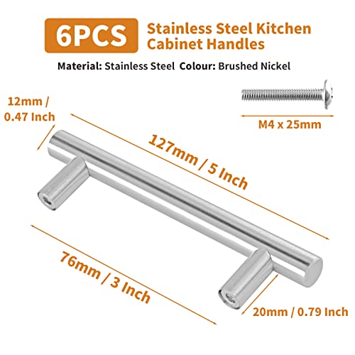 Cjueiom 6 Pack Brushed Nickel Cabinet Handles 76mm Hole Centers - Image 3