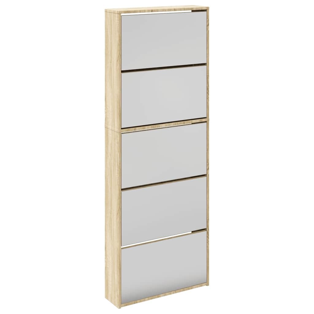Armario zapatero con espejo moderno con 5 compartimentos plegables, 63 x 17 x 169,5 cm, montaje en pared, para 3-4 pares de zapatos por compartimento, almacenamiento elegante para el pasillo