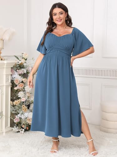 Image of CICIDUDU Plus Size Dress Wedding Guest Semi Formal Ruffle Short Sleeve Sweetheart Neckline Slit A Line Flowy Maxi Dresses