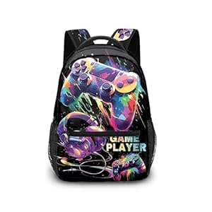 Komergave Schulrucksack Teenager Rucksack für Jungen, Schulranzen Jungen mit Gamer Motiv, Wasserdichte Schultaschen für Schule, Reisen und Täglicher Gebrauch, Leichtgewicht Game School Bag
