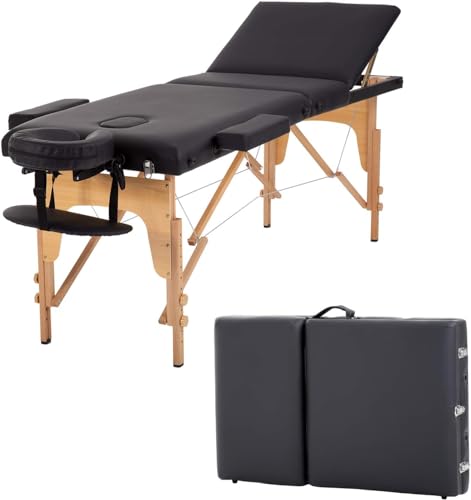 【Limited TIME Offer】 3-Section Ergonomic Massage Table Portable, 84 Inches Professional Salon Spa Lash Bed 500 Lbs. Load Capacity Reinforced Wooden Frame, with Accessories & Carrying Case, Black