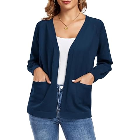 TownCat Women's Lightweight Cardigan Sweaters with Pocket Knit Long Sleeve Open Front Cardigans (NavyBlue, L) Cover