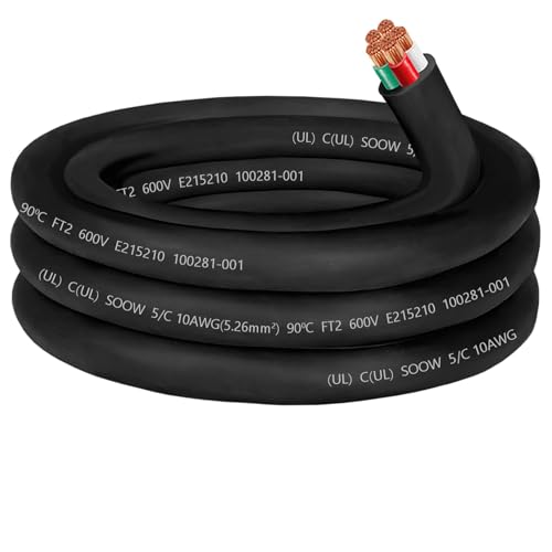 10/5 Wire 10 Gauge SOOW Wire 10AWG 10/5,30 amp Cable SOOW Portable Power Cable 10 Gauge 5 Conductor Electric Cable 600V Extension Cord for Welder,Motor Lead,Battery Charger,RV Generator,Machinery-10ft