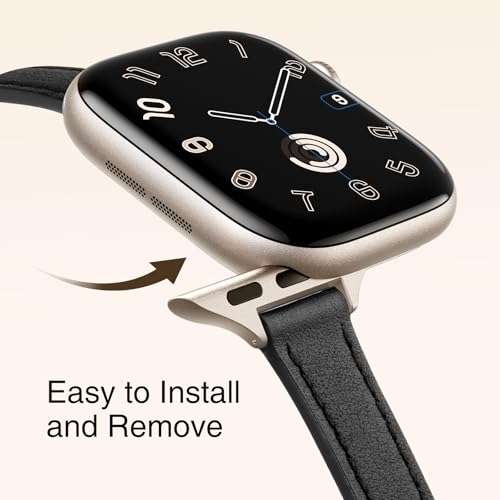 Image of STIROLL Slim Leather Bands Compatible with Apple Watch Band 38mm 40mm 41mm 42mm(Series 11 10), Top Grain Leather Watch Thin Wristband for iWatch SE 9 8 7 6 5 4 3 2 1 (Black Starlight)