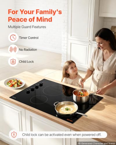 Image of VEVOR Electric Cooktop 30inch 4 Burners Stove Top 6700W 220V No Plug, Ceramic Built-in Radiant Electric Stove, with 11 Power Levels, Timer, Child Lock, Over-Heat Guard, Knob /Touch Control