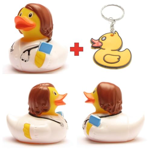 Duckshop I Badeente Ärztin inkl. Quietscheentchen-Schlüsselanhänger im Set I L8,5cm I Quietscheente I Geschenk für Mediziner I Präsent Sammler