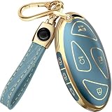Lucrum Compatible with Hyundai Key Fob Cover & Leather Keychain, Keyfob Case for Santa Fe, Sonata, Tucson, Grandeur, Ioniq 6, KONA, Elantra - For 7 Button Remote (2022-2025) - Blue and Gold