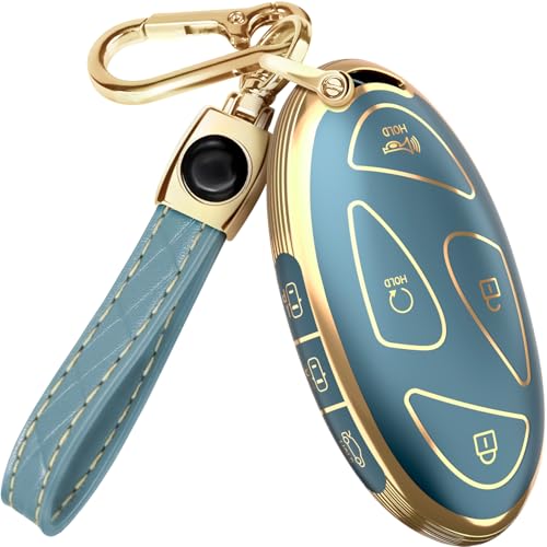Lucrum Compatible with Hyundai Key Fob Cover & Leather Keychain, Keyfob Case for Santa Fe, Sonata, Tucson, Grandeur, Ioniq 6, KONA, Elantra - For 7 Button Remote (2022-2025) - Blue and Gold by Lucrum - Used condition - US$12.94