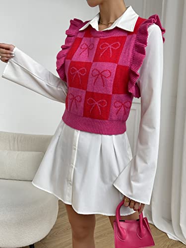 Floerns Women's Checker Print Color Block Ruffle Trim Sweater Vest Hot Pink M #TOP4