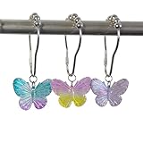 Butterfly Shower Curtain Hooks Rings,12Pcs Colorful Resin Pendants Accessories, Rustproof Rings Insect Garden Nature Theme Home Bathroom Decoration (Purple Pink Blue Pink Yellow)