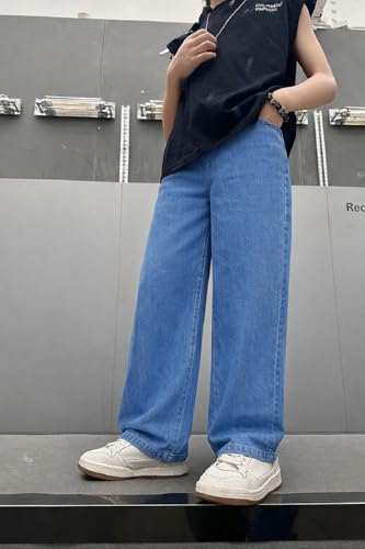 Image of ADBUCKS Children's Loose-Fitting Denim Pants with Buttons, Casual Wide-Leg Style
