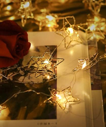 Goodia Golden Star String Lights, Battery Powered 16.4ft 50 LEDs Indoor Starry Fairy Lights, 8 Modes Metal Design Window Curtain Decorative Lights for Party Wedding Bedroom, Warm White