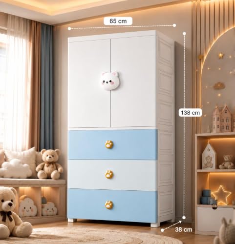 Image of HIWARE Premium Modular Wardrobe for Bedroom, Kids Room and Home | Spacious Clothes Storage Cabinet with Drawers and Shelves | Modern Stylish Design, Heavy Duty, Multiuse Organizer -SJ6514-BLUE Bear