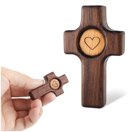 Gifts For Christians 2 Pack Fidget Cross My Heart, Walnut Wooden, Encouragement Gift Stress Relief, Prayer Cross for Hand, Stress Relief Pocket Christian Gifts for Women, Children and Adults